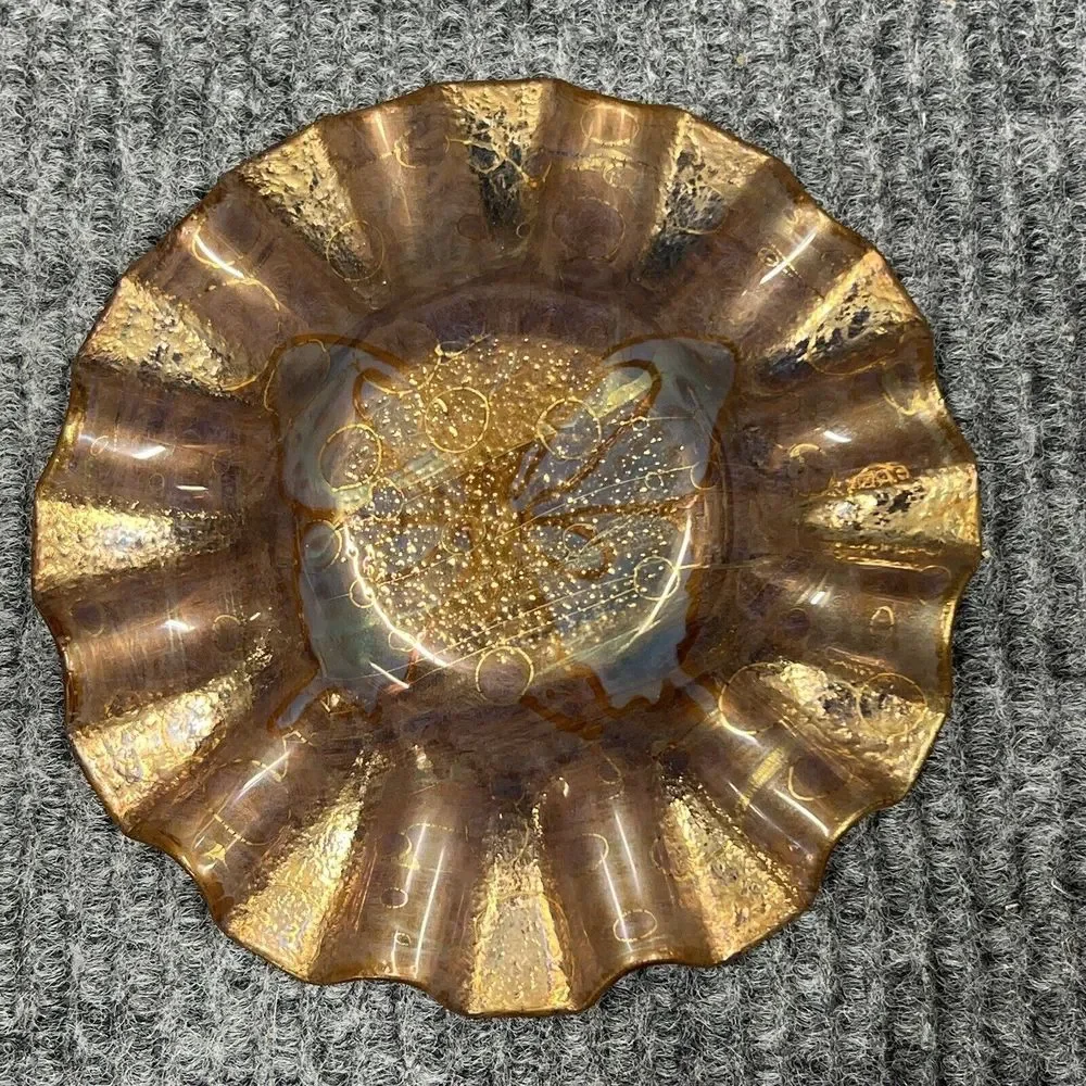 Butterfly Dish Glass 5.5” Ashtray Ruffled Trinket Holder Handpainted Blue‎ Brown